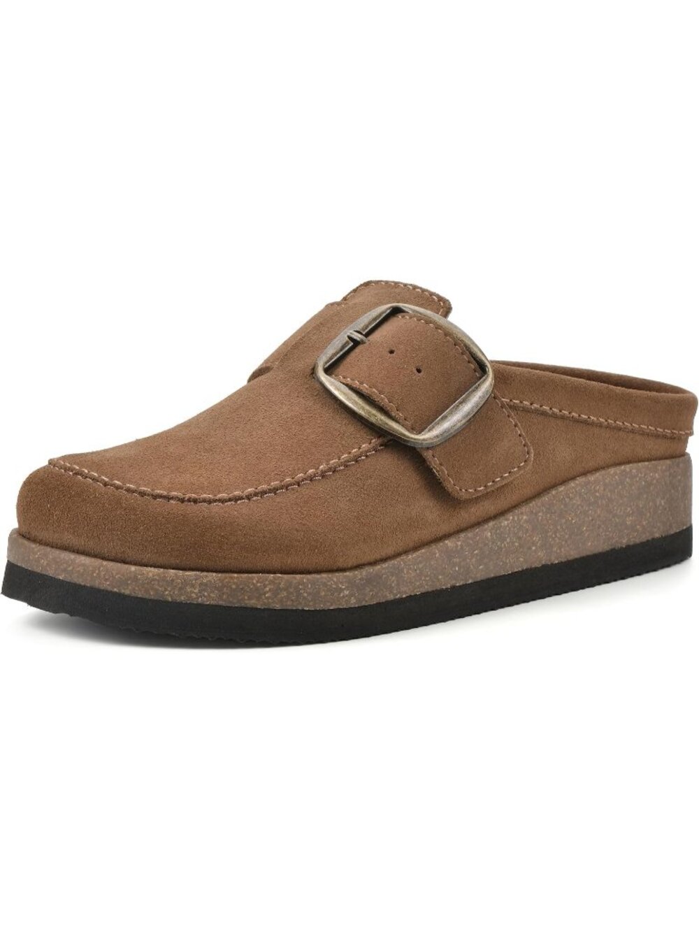🆕Women's Light Brown Suede Leather Big Buckle Foot bed Clogs Flat Slip On Mules